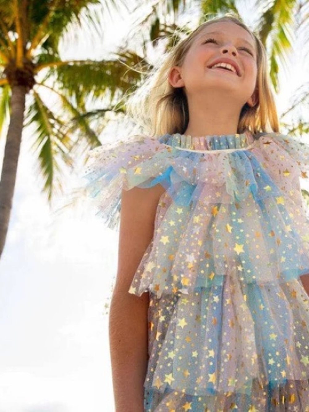 Lola + The Boys Pastel Rainbow Tulle Dress with Gold Stars